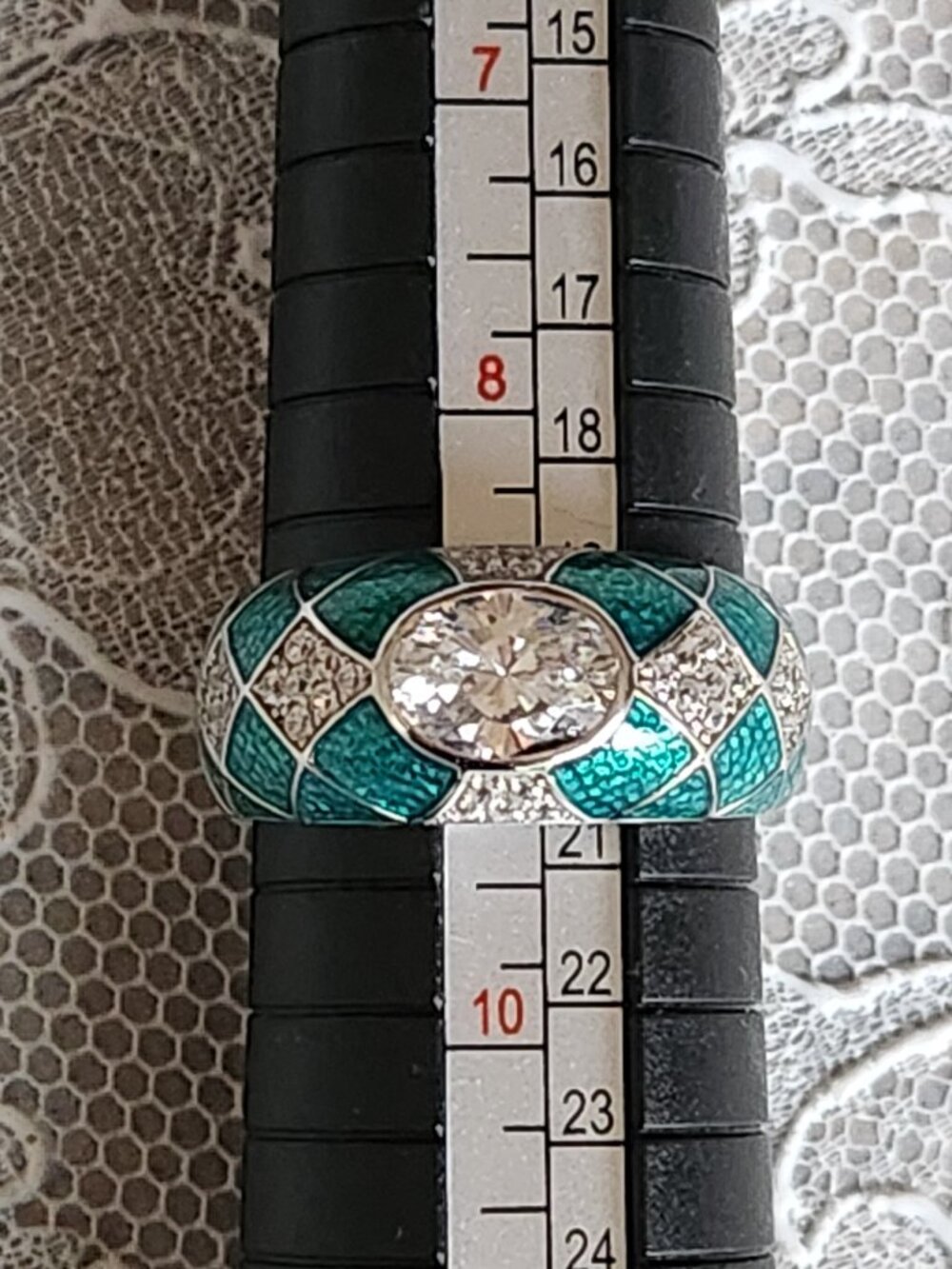 Hidalgo Diamonique Oval Cut CZ Green Enamel Ring 925 Size 9 - geometric pattern! - Picture 4 of 14